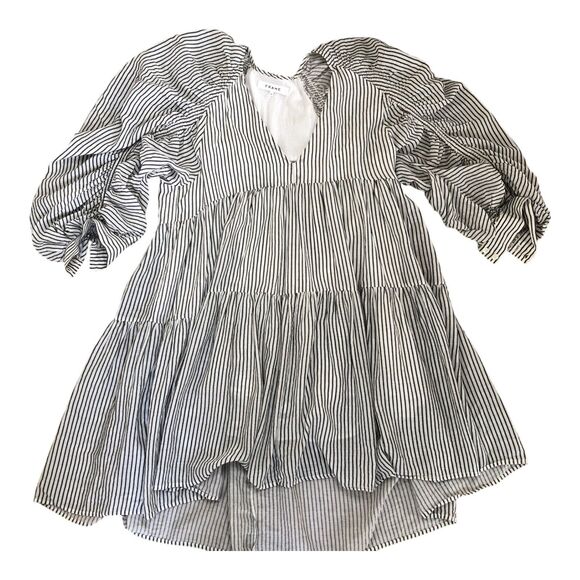FRAME Shirred Babydoll Mini Dress Boho Cowgirl Black White Stripe Puff Sleeve S - Picture 15 of 16